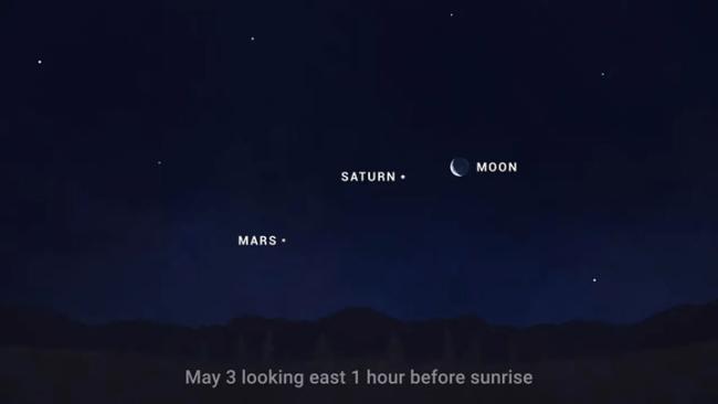Sky chart showing the Moon appearing very close to Saturn in the morning sky on May 3. 
