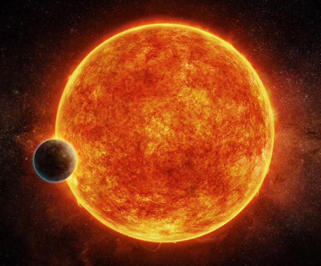 Artist's impression of the exoplanet LHS 1140b, which orbits its star within the "habitable zone" where liquid water might exist on the surface. The LHS 1140 system is only about 40 light-years from Earth, making it a possible target for studying the atmosphere of the planet if it has one.