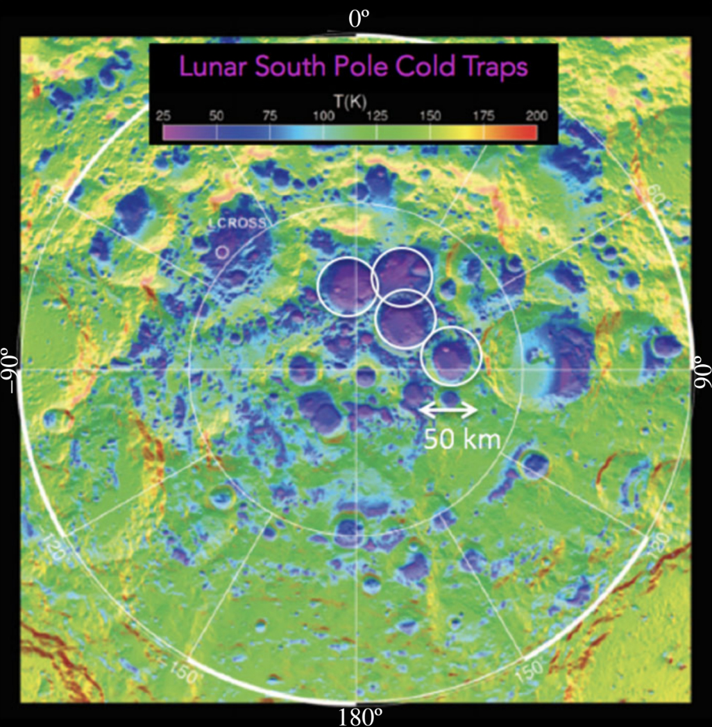 Lunar cold traps located at the South Pole of the moon, are critical to all moon-based operations because they contain frozen water molecules. Water is required for all moon-based operations because it is needed to grow food, and to break down into oxygen for breathing and hydrogen for fuel. The four white-circled regions in this image contain the coldest terrain with average annual near-surface temperatures of 25-50 K. They are about 50 km across.