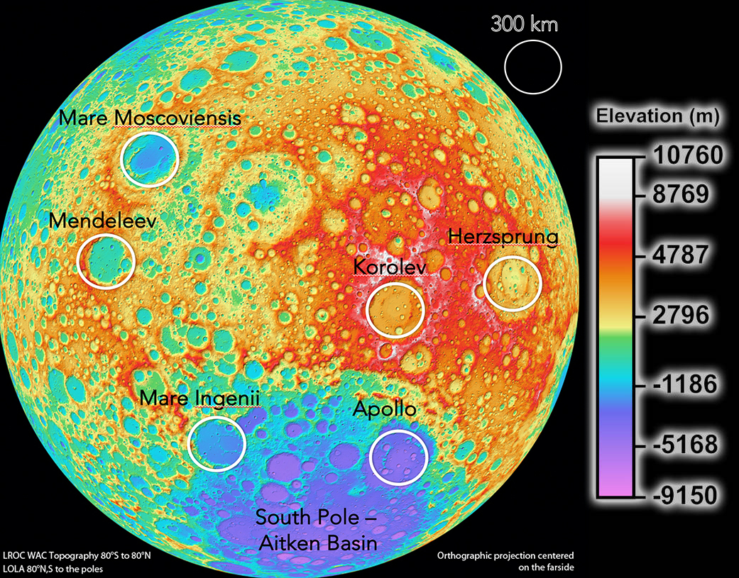 Taken by NASA's Lunar Reconnaissance Orbiter, this image of the moon is part of the collection of the highest resolution, near-global topographic maps of the moon ever created. Overlaid on this image are some of the hotspots identified for cosmology telescopes on the moon; few ideal locations for these telescopes exist on the moon, as others conflict with the radio quiet zone.