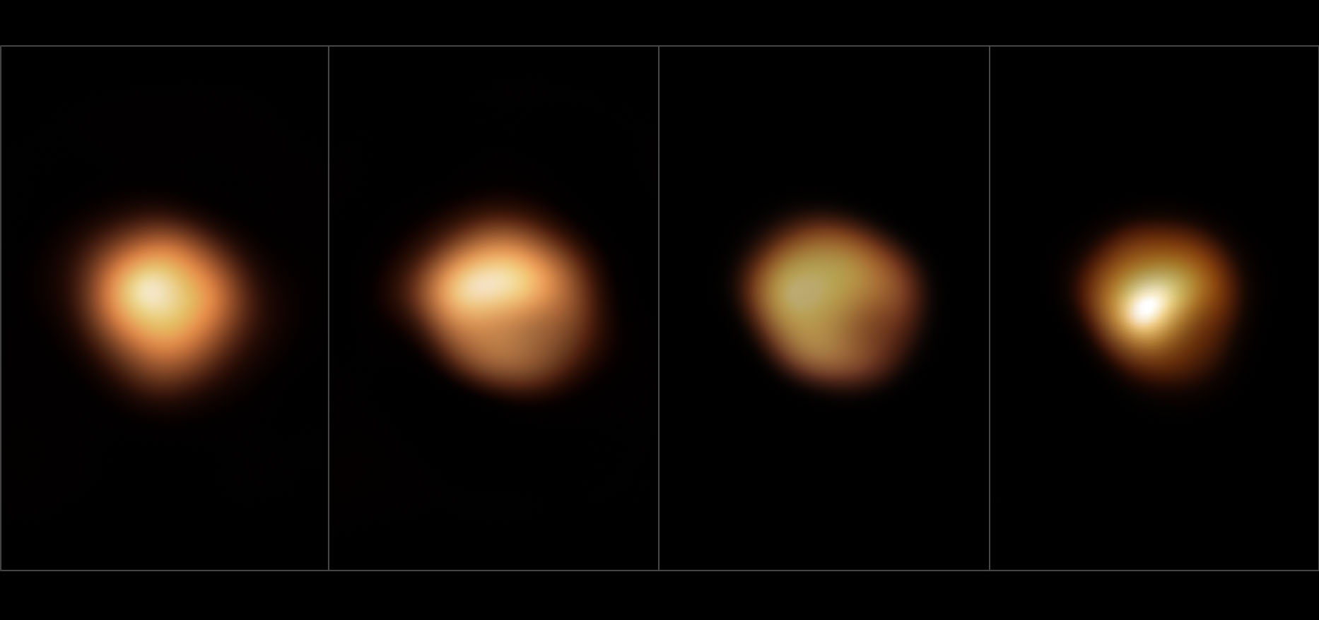 These images show the surface of the red supergiant star Betelgeuse during its unprecedented dimming, which happened in late 2019 and early 2020. The image on the far left, taken in January 2019, shows the star at its normal brightness, while the remaining images, from December 2019, January 2020, and March 2020, were all taken when the stars brightness had noticeably dropped, especially in its southern region.