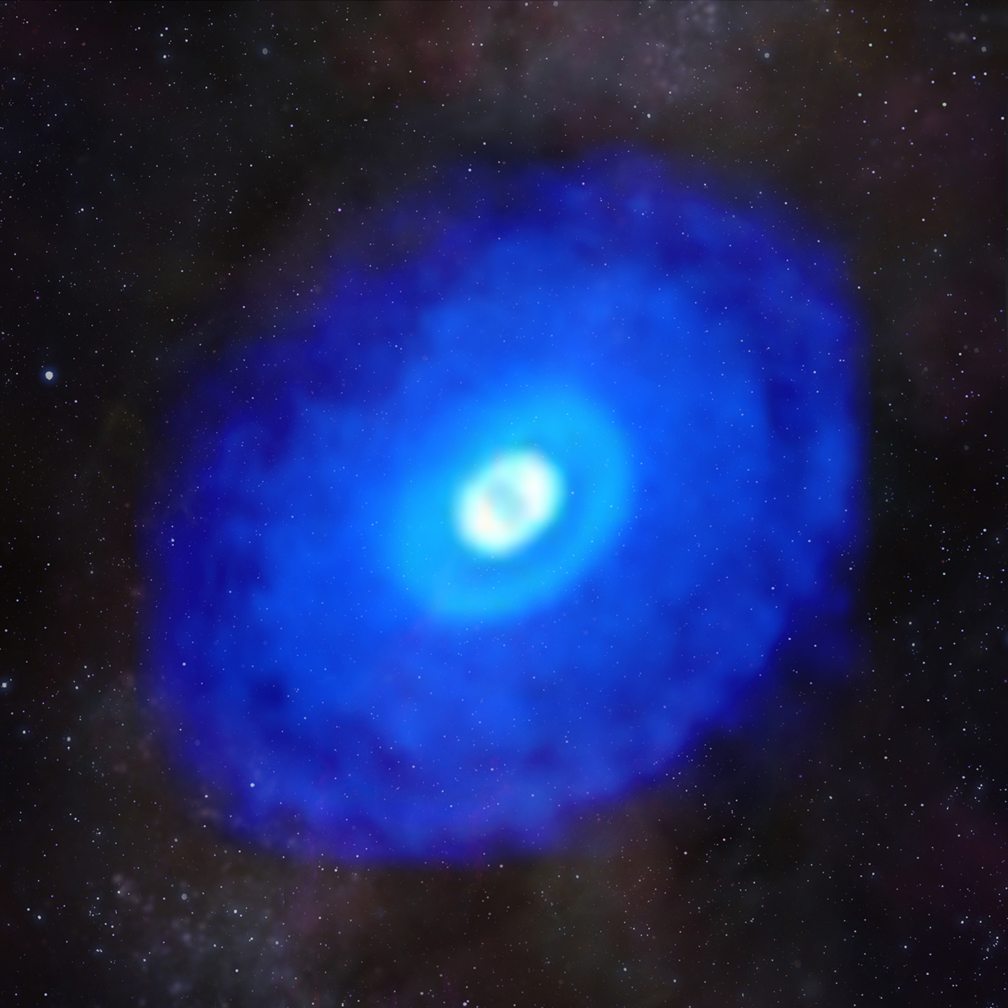 This composite image of ALMA data from the young star HD 163296 shows hydrogen cyanide emission laid over a starfield. The MAPS project zoomed in on hydrogen cyanide and other organic and inorganic compounds in planet-forming disks to gain a better understanding of the compositions of young planets and how the compositions link to where planets form in a protoplanetary disk.