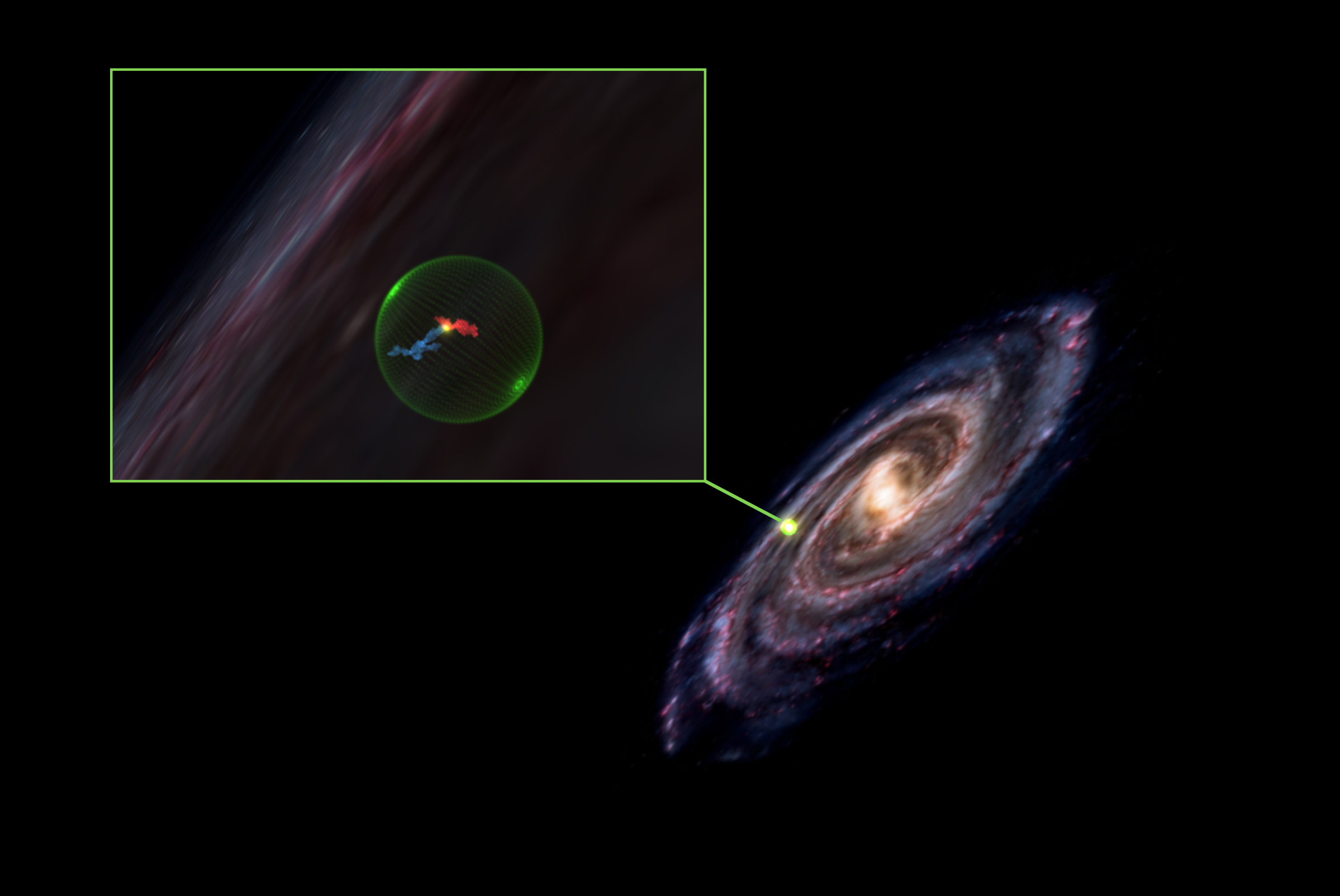 Astronomers have discovered a giant, spherical cavity within the Milky Way galaxy; its location is depicted on the right. A zoomed in view of the cavity (left) shows the Perseus and Taurus molecular clouds in red and blue, respectively. Though the clouds appear to touch in this 2D view, new 3D images of the clouds show they lie at very different distances on the surface of the cavity shown in green. This image was produced in glue using WorldWide Telescope's Milky Way data-driven cartoon (produced by Robert Hurt).Watch an explainer video exploring how the cavity was formed and what it looks like in 3D here. The public may also view the cavity in augmented reality; learn how here.