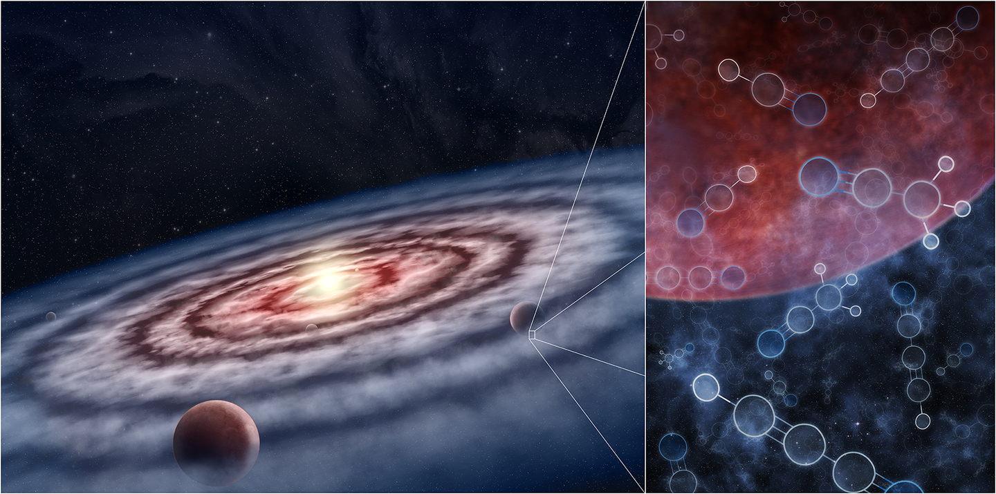 In this artist's conception, planets form from the gas and dust in the protoplanetary disk surrounding a young star. The gas is made up of many different molecules, including hydrogen cyanide and more complex nitriles—linked to the development of life on Earth. The soup of molecules in a particular location in the disk shapes the future of the planet forming there and determines whether or not that planet could support life as we know it.