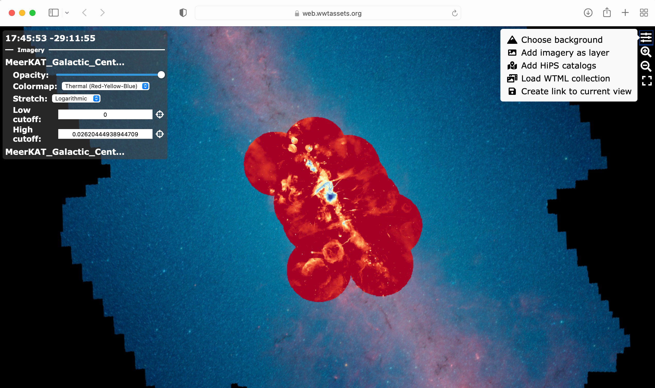 Screenshot showing use of the in-browser version of WWT to explore MeerKAT radio data of the galactic center.