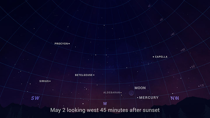 Sky chart showing Mercury low in the western sky on May 2, accompanied by the crescent moon and bright star Aldebaran. 