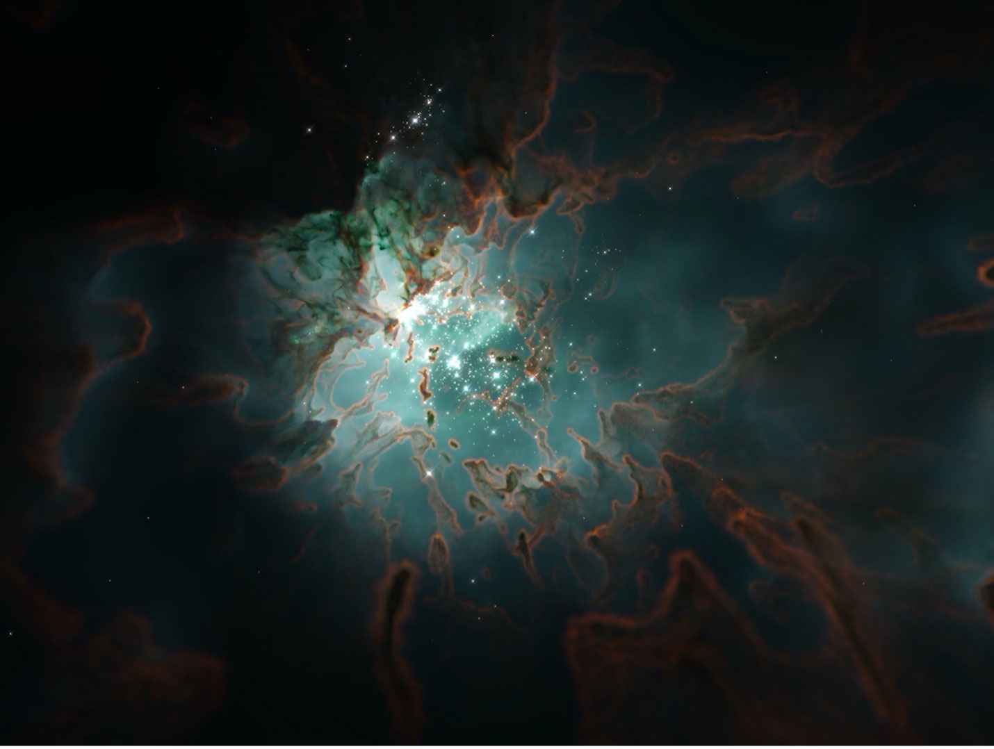 Mock narrowband observation of a simulated star forming region where massive stars destroy their parent cloud.