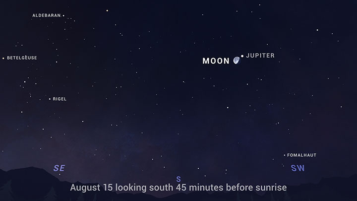 Sky chart showing the locations of the Moon and Jupiter in the pre-dawn sky on August 15. 