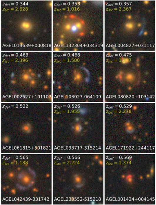 Pictures of gravitational lenses from the AGEL survey. The pictures are centered on the foreground galaxy and include the object name. Each panel includes the confirmed distance to the foreground galaxy (zdef) and distant background galaxy (zsrc).