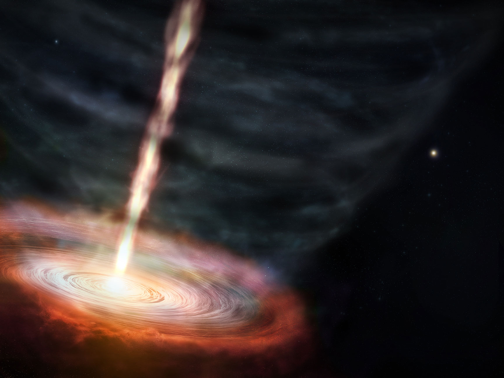 Scientists studying masers — naturally occurring lasers that amplify microwave radio emissions — around the massive star MWC 349A discovered a 500 km/s jet of material launching out of the star’s gas disk from within the winds that are flowing away from the star. The bigger surprise is that the jet may be caused by magnetic forces. This artist's conception shows a zoomed in view of MWC 349A and its surrounding disk of gas and dust that are being shaped by the winds and high-speed jet.