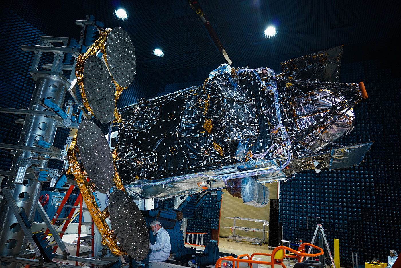 The TEMPO air pollution sensor is hosted on Intelsat 40e, seen here at the Maxar Technologies facility in Palo Alto, California, where it was built. The instrument and the entire spacecraft recently passed pre-launch testing at the facility.