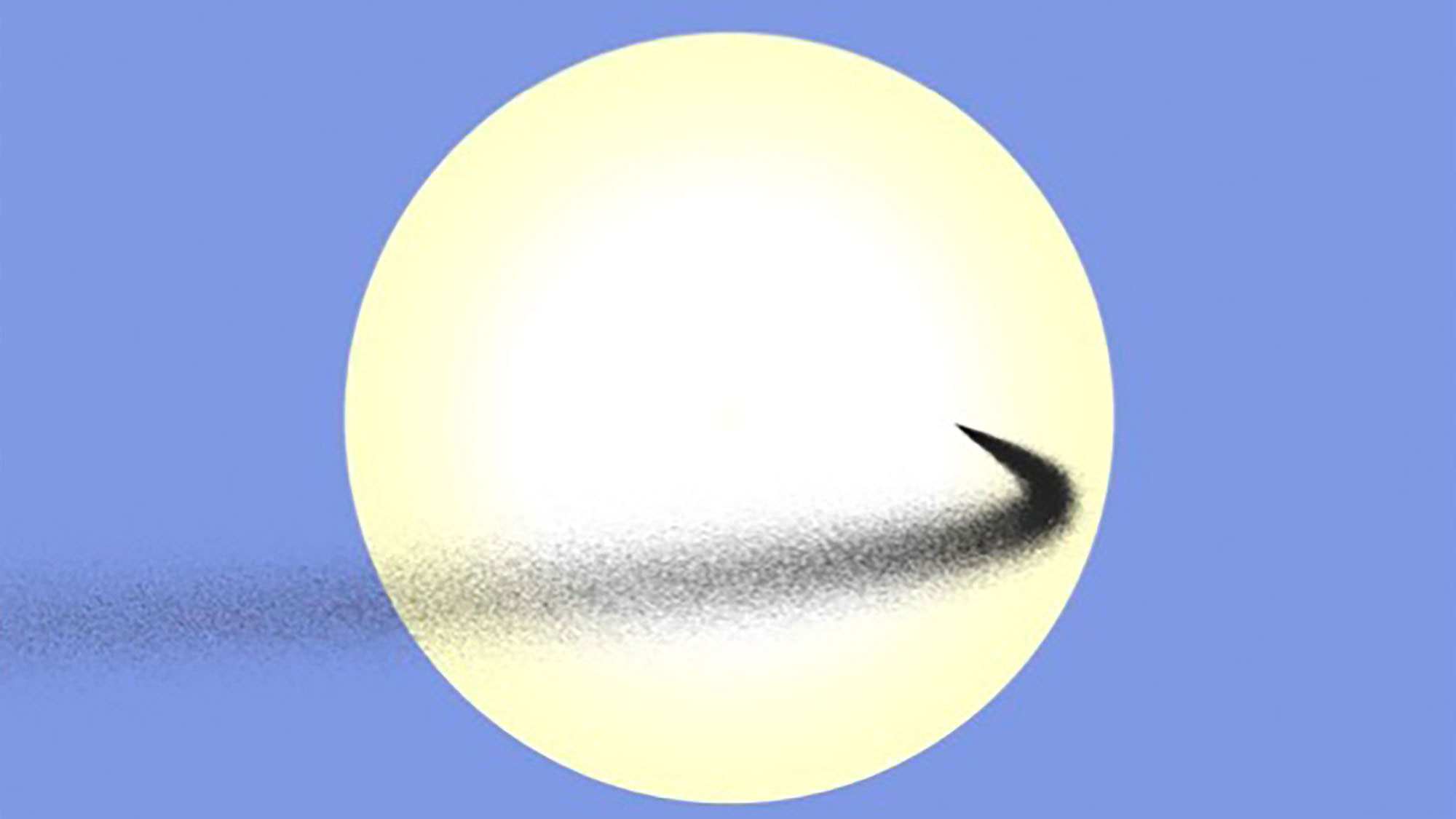 Simulated stream of dust launched between Earth and the Sun. This dust cloud is shown as it crosses the disk of the Sun, viewed from Earth. Streams like this one, including those launched from the Moon’s surface, can act as a temporary sunshade.