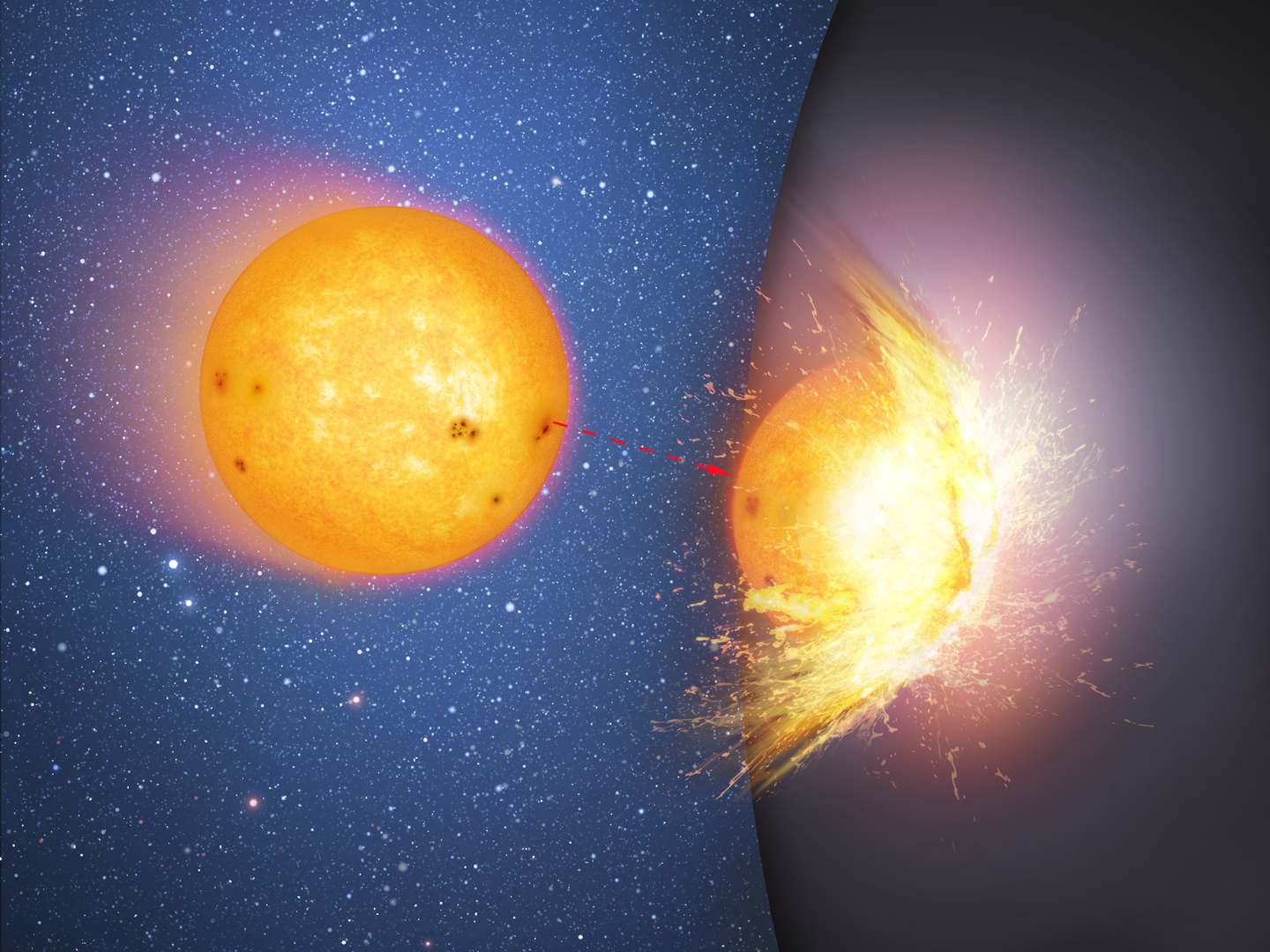 This is the first in a sequence of two artist&#039;s impressions that shows a huge, massive sphere in the center of a galaxy, rather than a supermassive black hole. Here a star moves towards and then smashes into the hard surface of the sphere, flinging out debris. The impact heats up the site of the collision.