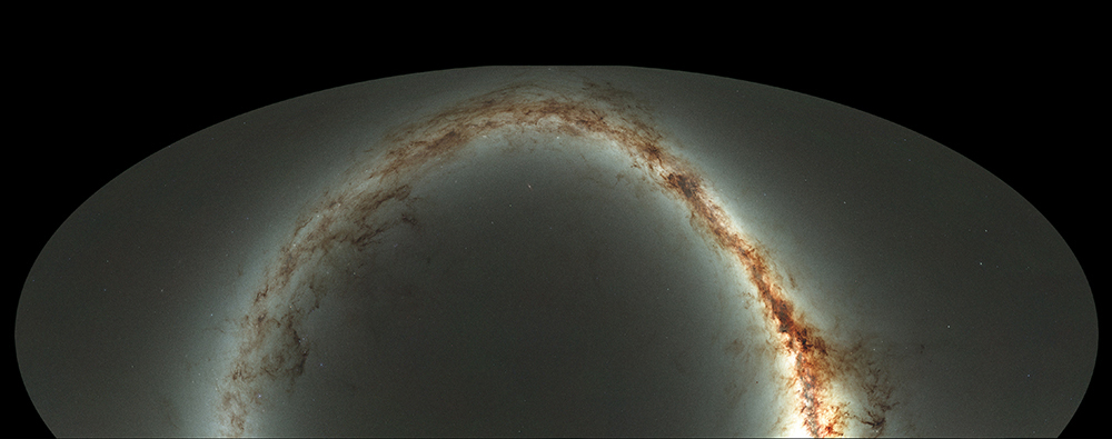 This compressed view of the entire sky visible from Hawai&#039;i by the Pan-STARRS1 Observatory is the result of half a million exposures, each about 45 seconds in length, taken over a period of 4 years. The shape comes from making a map of the celestial sphere, like a map of the Earth, but leaving out the southern quarter. The disk of the Milky Way looks like a yellow arc, and the dust lanes show up as reddish brown filaments. The background is made up of billions of faint stars and galaxies. If printed at full resolution, the image would be 1.5 miles long, and you would have to get close and squint to see the detail.