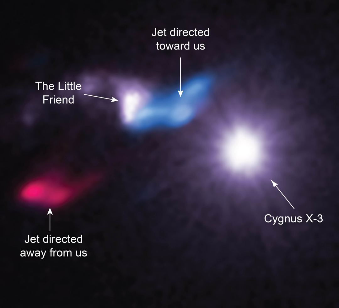 This composite image shows X-rays from NASA&#039;s Chandra X-ray Observatory (white) and radio data from the Smithsonian&#039;s Submillimeter Array (red and blue). The X-ray data reveal a bright X-ray source to the right known as Cygnus X-3, a system containing either a black hole or neutron star (a.k.a. a compact source) left behind after the death of a massive star. Within that bright source, the compact object is pulling material away from a massive companion star. Astronomers call such systems &quot;X-ray binaries.&quot;