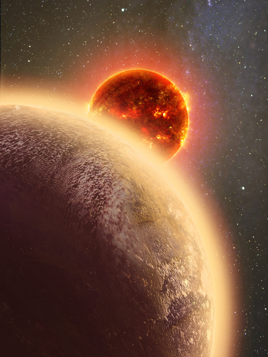 This artist&#039;s conception shows the rocky exoplanet GJ 1132b, located 39 light-years from Earth. New research shows that it might possess a thin, oxygen atmosphere - but no life due to its extreme heat.
