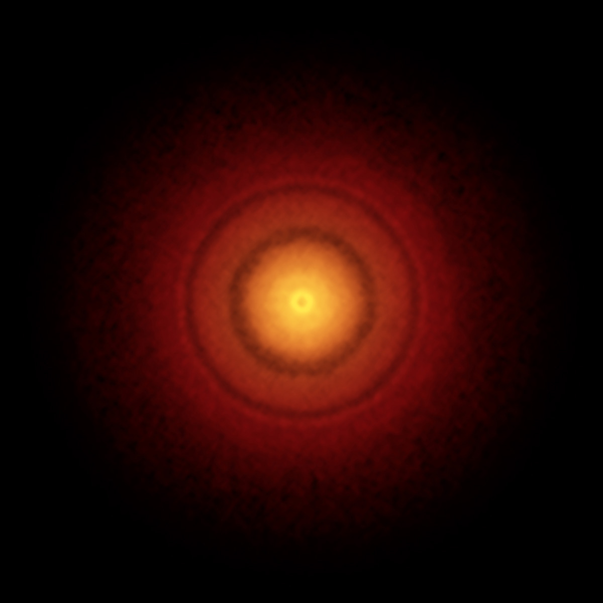 ALMA image of the disk around the young star TW Hydrae. ALMA obtained its best image of a protoplanetary disk to date, revealing the classic rings and gaps that signify planets are in formation in this system.