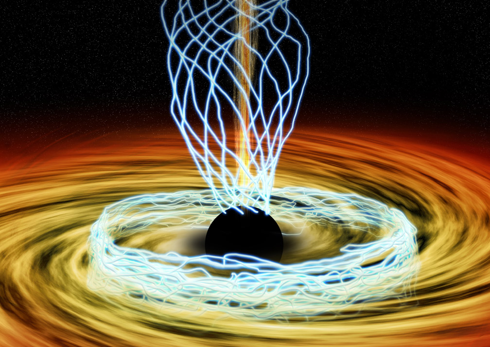 In this artist&#039;s conception, the black hole at the center of our galaxy is surrounded by a hot disk of accreting material. Blue lines trace magnetic fields. The Event Horizon Telescope has measured those magnetic fields for the first time with a resolution six times the size of the event horizon (6 Schwarzschild radii). It found the fields in the disk to be disorderly, with jumbled loops and whorls resembling intertwined spaghetti. In contrast, other regions showed a much more organized pattern, possibly in the region where jets (shown by the narrow yellow streamer) would be generated.