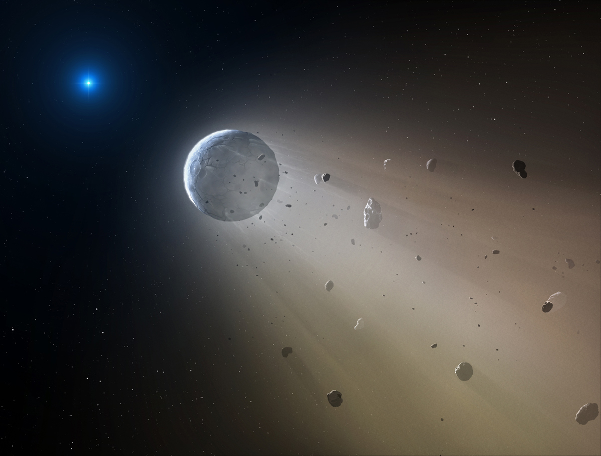 In this artist&#039;s conception, a Ceres-like asteroid is slowly disintegrating as it orbits a white dwarf star. Astronomers have spotted telltales signs of such an object using data from the Kepler K2 mission. It is the first planetary object detected transiting a white dwarf. Within about a million years the object will be destroyed, leaving a thin dusting of metals on the surface of the white dwarf.