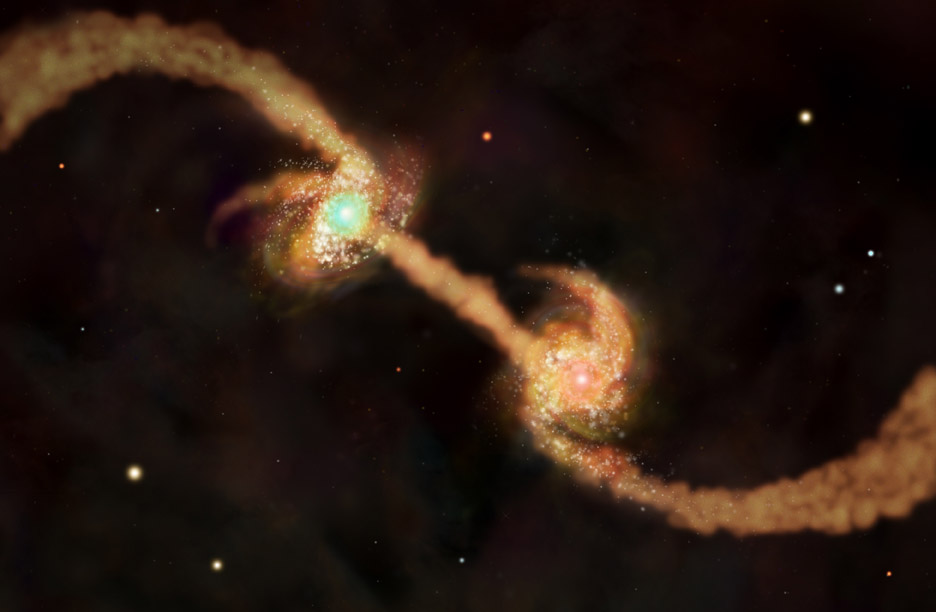 This illustration shows two spiral galaxies - each with supermassive black holes at their center - as they are about to collide and form an elliptical galaxy. New research shows that galaxies&#039; dark matter halos influence these mergers and the resulting growth of supermassive black holes.