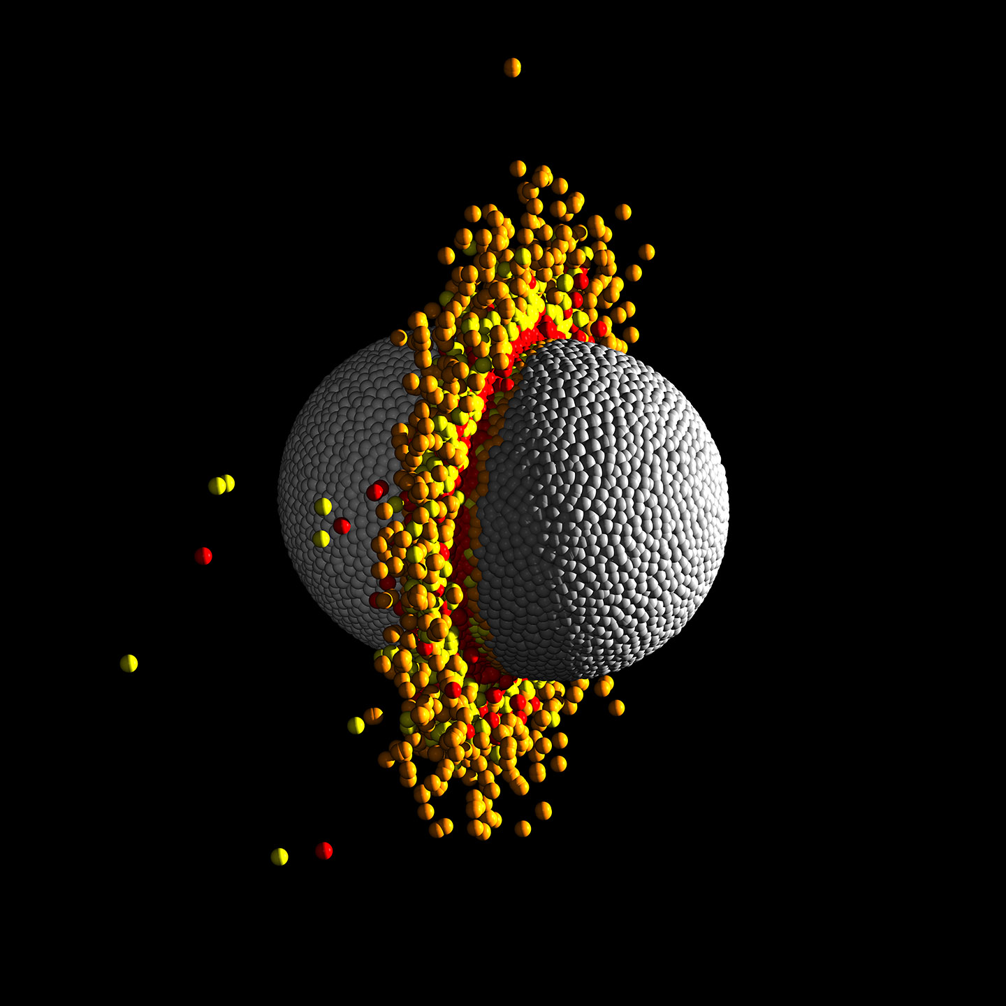 The figure shows one frame from the middle of a hydrodynamical simulation of a high-speed head-on collision between two 10 Earth-mass planets. The temperature range of the material is represented by four colors grey, orange, yellow and red, where grey is the coolest and red is the hottest. Such collisions eject a large amount of the silicate mantle material leaving a high-iron content, high-density remnant planet similar to the observed characteristics of Kepler-107c.