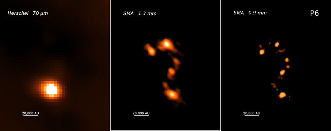 These photos focus on the P6 star-forming region within the Snake nebula. The left panel shows a far-infrared view from the Herschel space telescope. Submillimeter views from the SMA are at center and right. The sensitive, high-resolution SMA images reveal small cosmic &quot;seeds&quot; scattered in the shape of a question mark. Each seed will form one or a few massive stars.