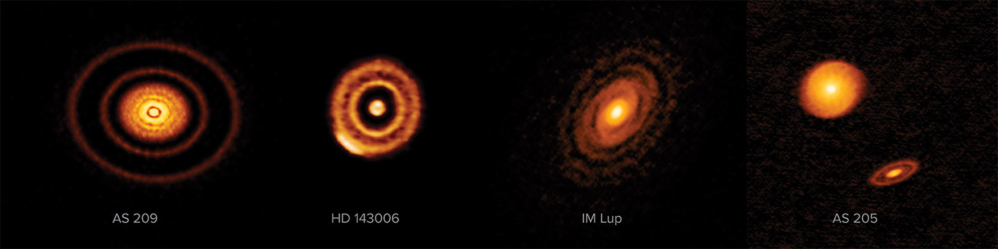 Labeled version of four of the twenty disks that comprise ALMA&#039;s highest resolution survey of nearby protoplanetary disks. - AS 209 is a star hosting a disk that is 1 million years old and located about 400 light-years from Earth. The ALMA image shows a tightly packed series of dusty rings in its inner disk and two additional thin bands of dust very far from the central star. - HD 143006 is about 5 million years old and resides 540 light-years from Earth. This star hosts a disk that shows wide gaps between dusty lanes that demarcate the inner and outer portions of the disk. A dense arc-shaped region, possibly heralding a concentration of material where comets or other icy bodies are forming, can be seen on the lower left portion of the outer ring. - ALMA reveals sweeping spiral arms in the dust disk orbiting IM Lup, a young star located about 515 light-years from Earth. These patterns may be the result of an unseen planetary companion perturbing the disk, or a global instability in the disk structure similar to those seen in spiral galaxies like the Milky Way. - AS 205 is a multiple star system, with each star sporting its own dusty disk. Since most stars in the Milky Way are multiples, this observation provides clues to the potential for planets in such systems. This system is located about 420 light-years from Earth.