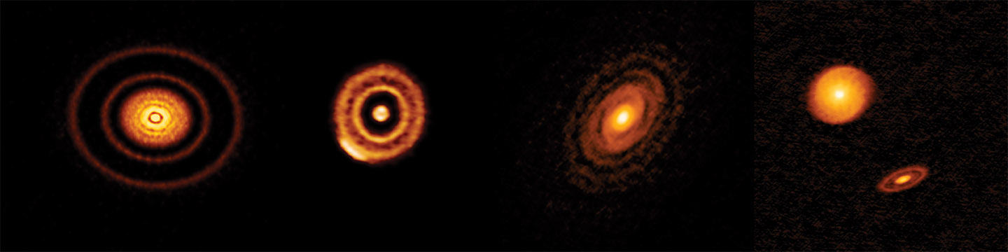Four of the twenty disks that comprise ALMA&#039;s highest resolution survey of nearby protoplanetary disks. This image shows the millimeter-wavelength light emitted by the dust in the disk, giving astronomers a clearer understanding of the similarities and differences among the disks and what that has to say about planet formation.