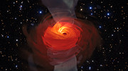 A spiral of red and orange around a central black dot with transparent white jets shooting outward from the black hole.