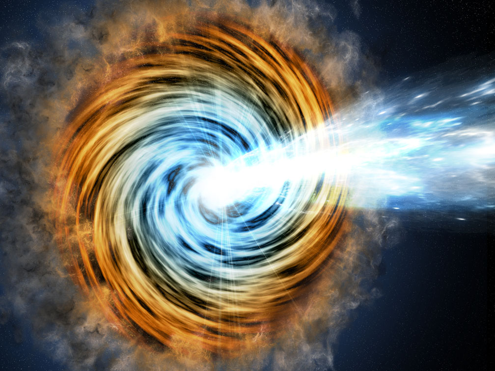 This artist&#039;s conception shows a blazar – the core of an active galaxy powered by a supermassive black hole. Scientists recently used VERITAS to detect gamma rays from the blazar TXS 0506+056, which is also thought to be a source of neutrinos.