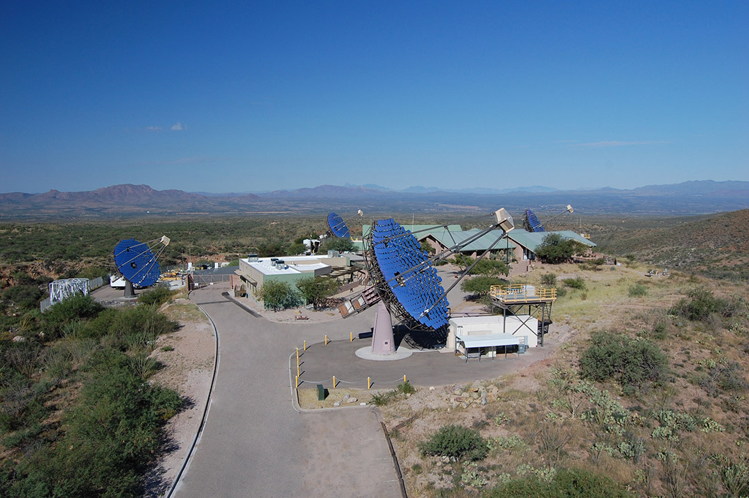 This photograph shows the Very Energetic Radiation Imaging Telescope Array System (VERITAS) located in southern Arizona. VERITAS is operated and managed by the Smithsonian Astrophysical Observatory.