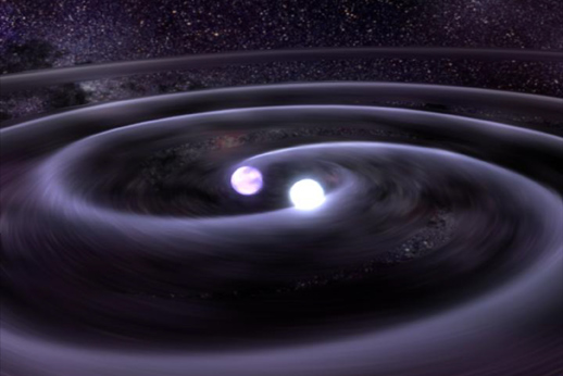 An artist&#039;s conception of J0651 with ripples to demonstrate how the white dwarf pair is emitting gravitational waves.