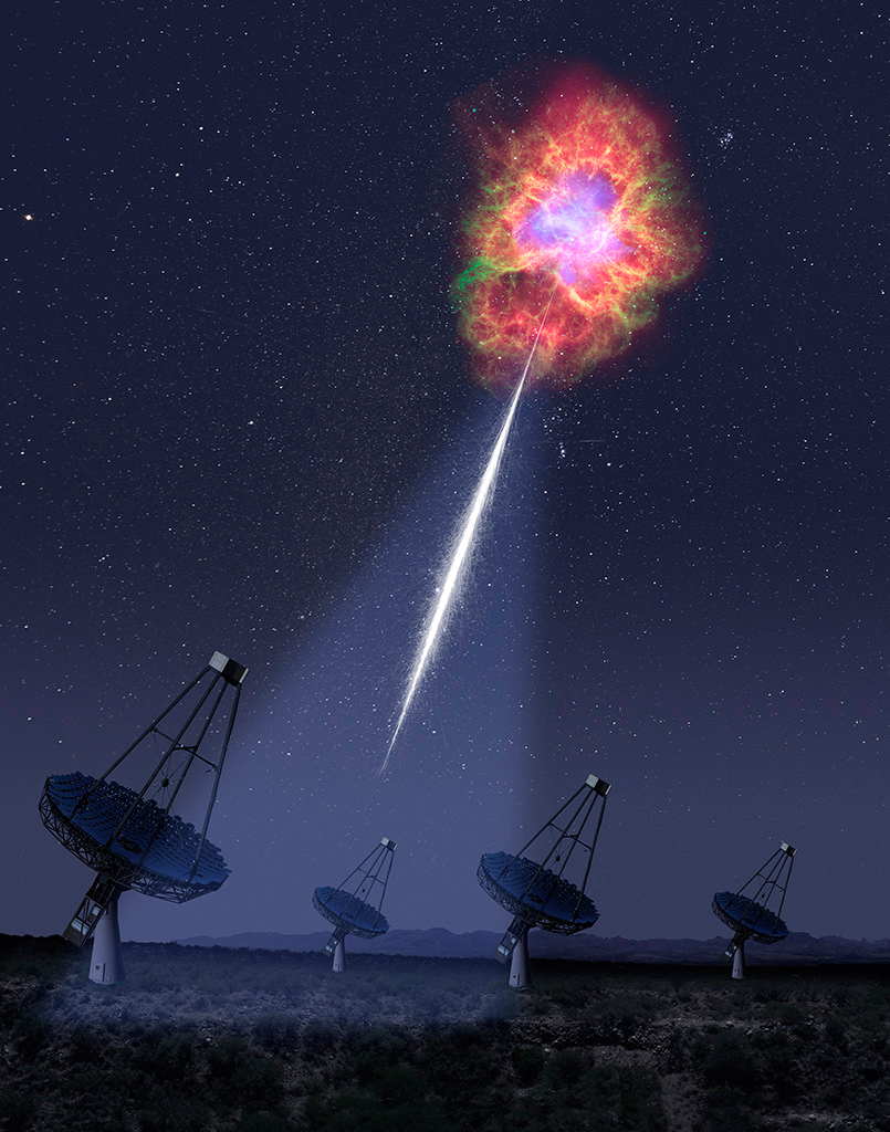 An artist‚Äôs rendering of the VERITAS array detecting gamma-ray pulses from the Crab Nebula.