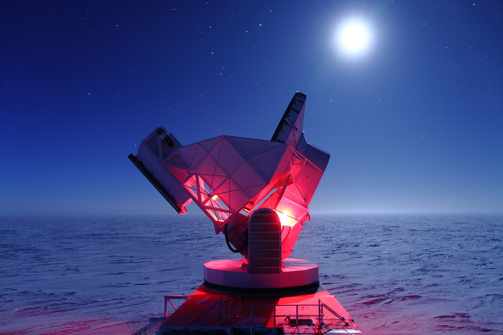 The South Pole Telescope is a 10-meter-diameter telescope located at the Amundsen-Scott South Pole Station, Antarctica. This cold, dry location facilitates observations of the faint cosmic microwave background.