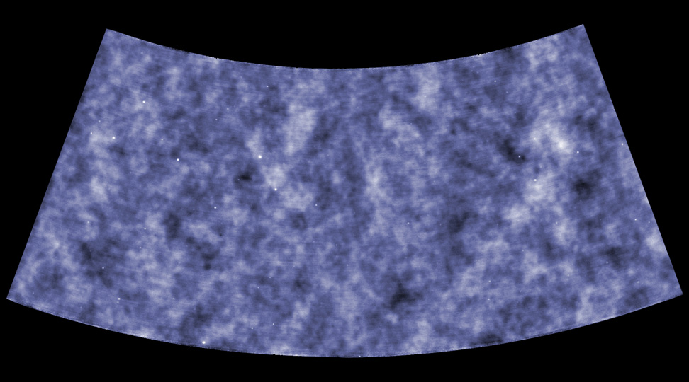 This image displays a portion of the South Pole Telescope survey of the cosmic microwave background (CMB) - the radiant light left over from the Big Bang. Points of light mark quasars and gravitationally lensed galaxies. The variations in the image are minute fluctuations in the intensity of the CMB. The fluctuations are caused by differences in the distribution of matter in the early universe at a time only 400,000 years after the Big Bang. The image is effectively a &quot;baby picture&quot; of the universe.