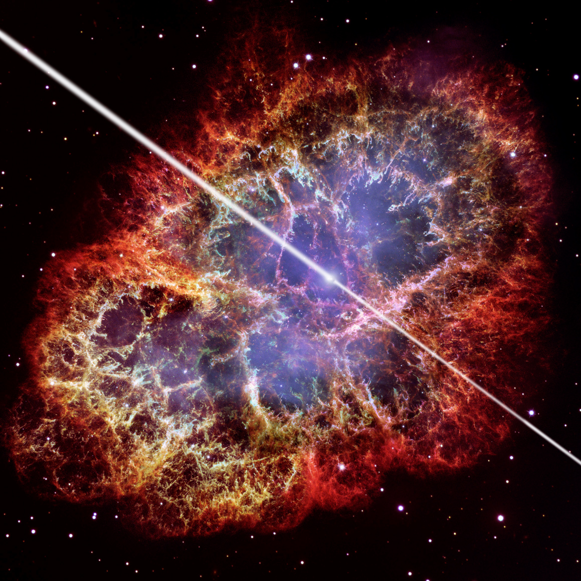 An artist&#039;s conception of the pulsar at the center of the Crab Nebula, with a Hubble Space Telescope photo of the nebula in the background. Researchers using the Veritas telescope array have discovered pulses of high-energy gamma rays coming from this object.