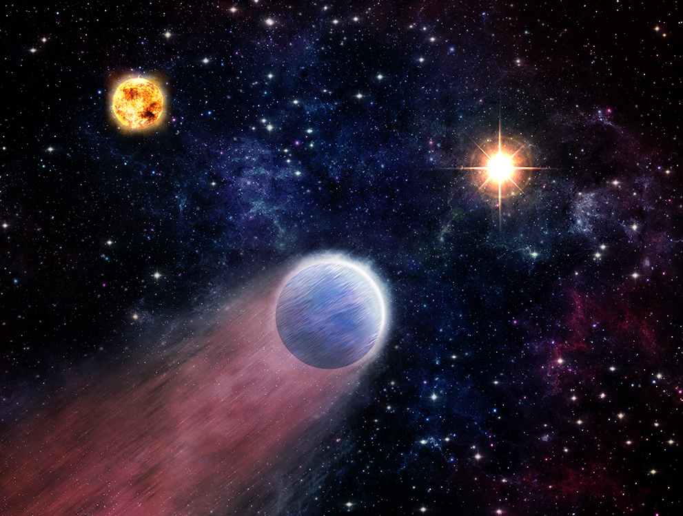 This artist&#039;s impression shows the atmosphere of a Neptune-like planet (foreground) being swept backwards by powerful radiation from an outburst in the center of the Milky Way Galaxy (right). The outburst of X-rays and ultraviolet light is produced by material falling towards the supermassive black hole located there. The planet&#039;s host star is shown on the left.