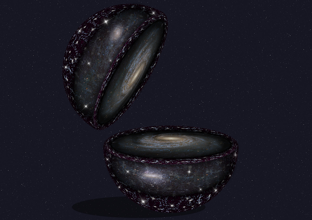This artist&#039;s impression shows a cutaway view of the parts of the Universe that SDSS-V will study. SDSS-V will study millions of stars to create a map of the entire Milky Way. Farther out, the survey will get the most detailed view yet of the largest nearby galaxies like Andromeda in the Northern hemisphere and the Large Magellanic Cloud in the Southern hemisphere. Even farther out, the survey will measure quasars, bright points of light powered by matter falling into giant black holes.