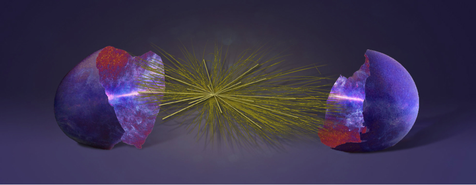 New research finds how the properties of subatomic elementary particles, visualized in the middle of this artist&#039;s impression, may be imprinted in the largest cosmic structures visible in the universe, shown on either side.