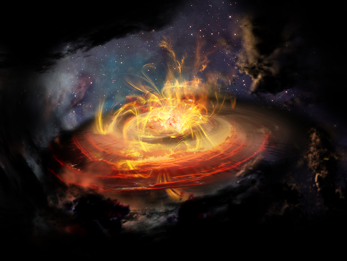 Artist impression of chaotic magnetic field lines very near a newly emerging protostar.