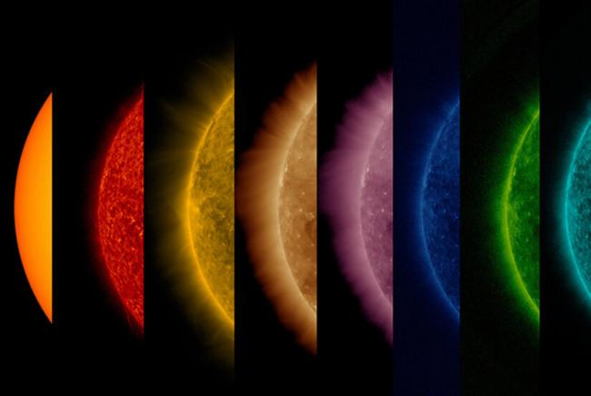 multiple images of the Sun taken in different types of light at the same time by the Solar Dynamics Observatory
