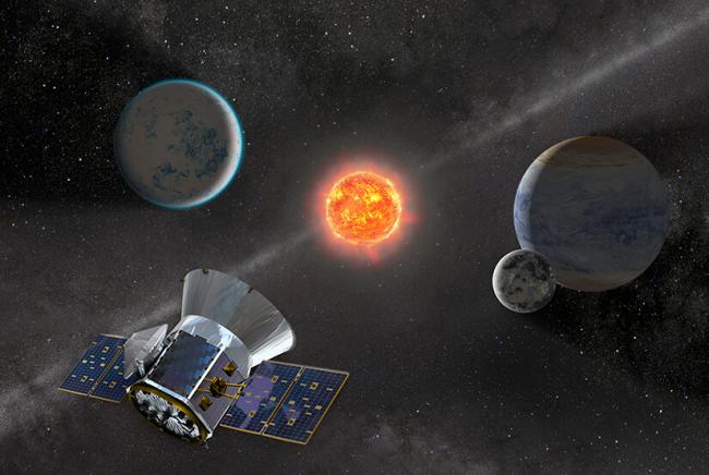 Artist's concept of TESS observing a red dwarf star with orbiting planets