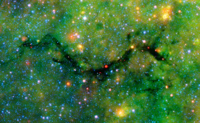 Image of the Infrared Dark Cloud called "the Snake" as seen by the IRAC camera on the Spitzer Space Telescope.