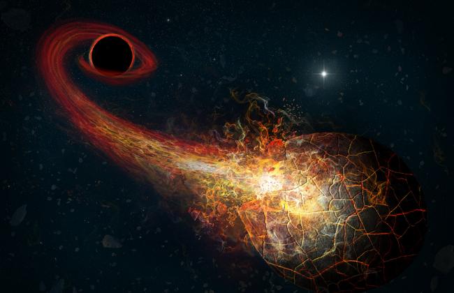 Artist's conception of accretion flares resulting from the encounter of an Oort-cloud comet and a hypothesized black hole in the outer solar system..