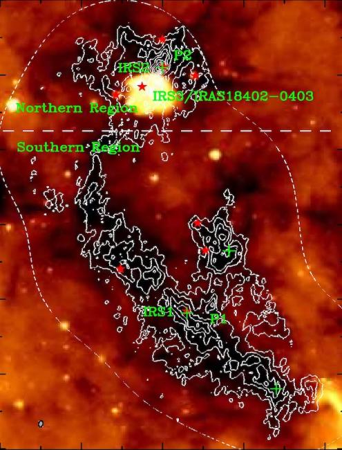 IRAC infrared image of a filament of young star-forming cores
