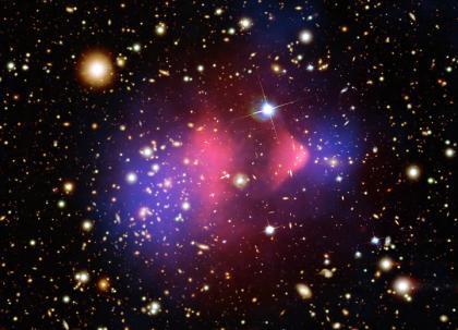 composite image of a galaxy cluster formed from the collision of two large clusters of galaxies