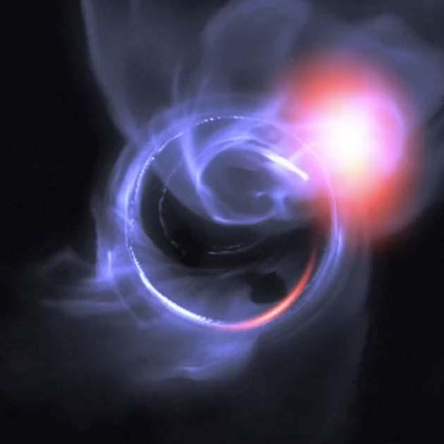 A visualization of simulated flaring activity and clouds of material around the supermassive black hole in the galactic center, SagA*.