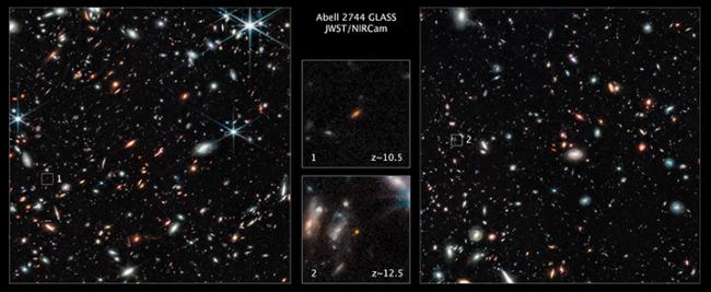 Two of the farthest galaxies seen to date are captured in these Webb Space Telescope pictures of the outer regions of the giant galaxy cluster Abell 2744. 