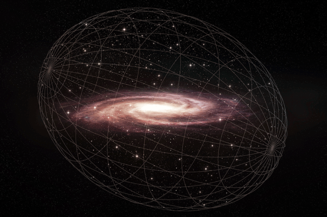Astronomers have discovered that the Milky Way galaxy's stellar halo -- a cloud of diffuse stars around all galaxies -- is zeppelin-shaped and tilted. This artist's illustration emphasizes the shape of the three-dimensional halo surrounding our galaxy. 