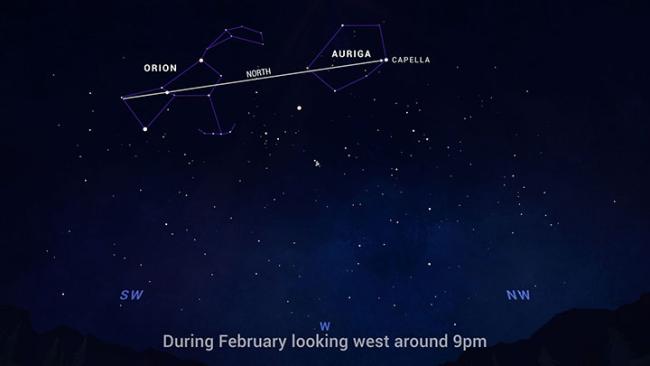 February 2023 sky chart with Orion and Capella